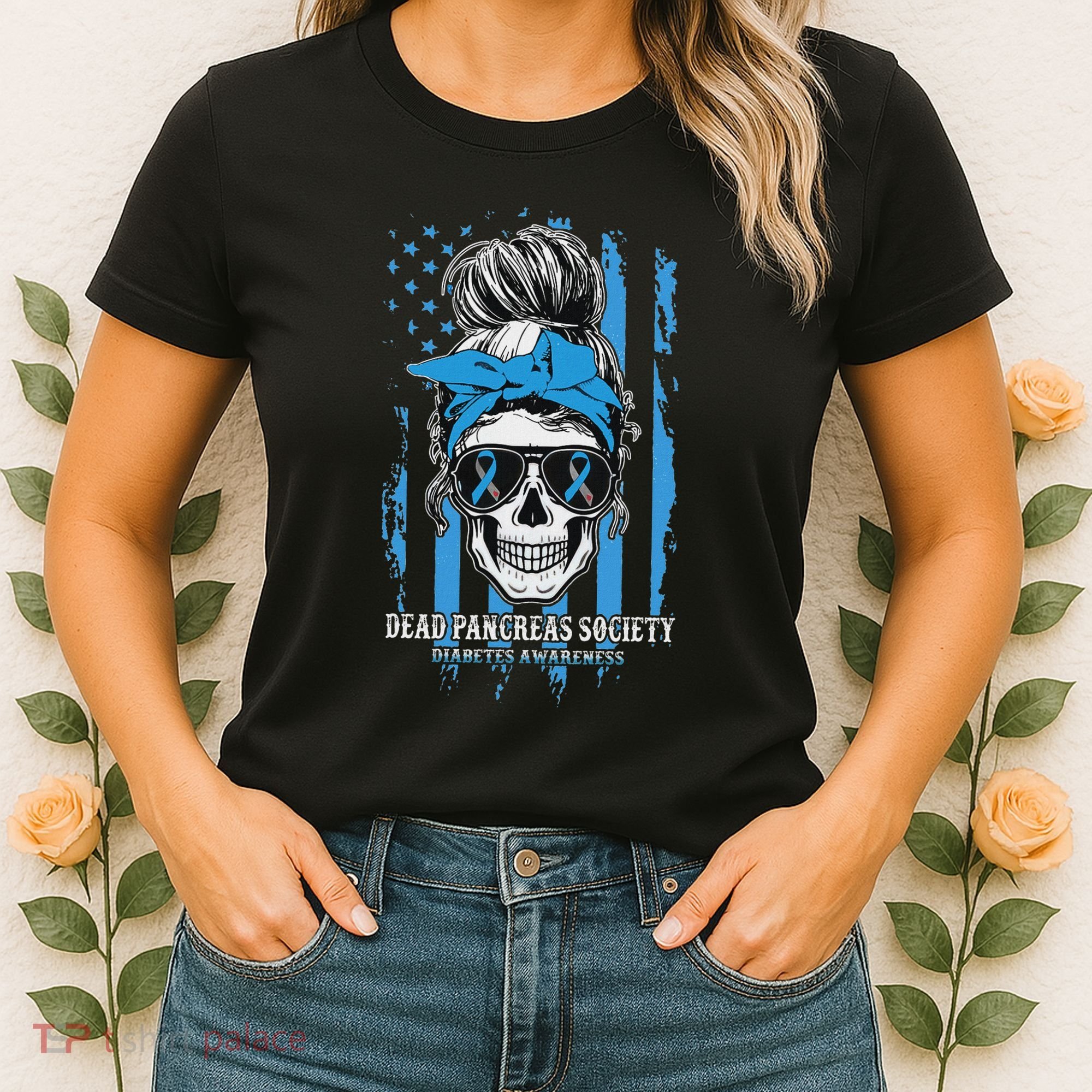 Diabetes Awareness Dead Pancreas Society Messy Bun Women's T-Shirt