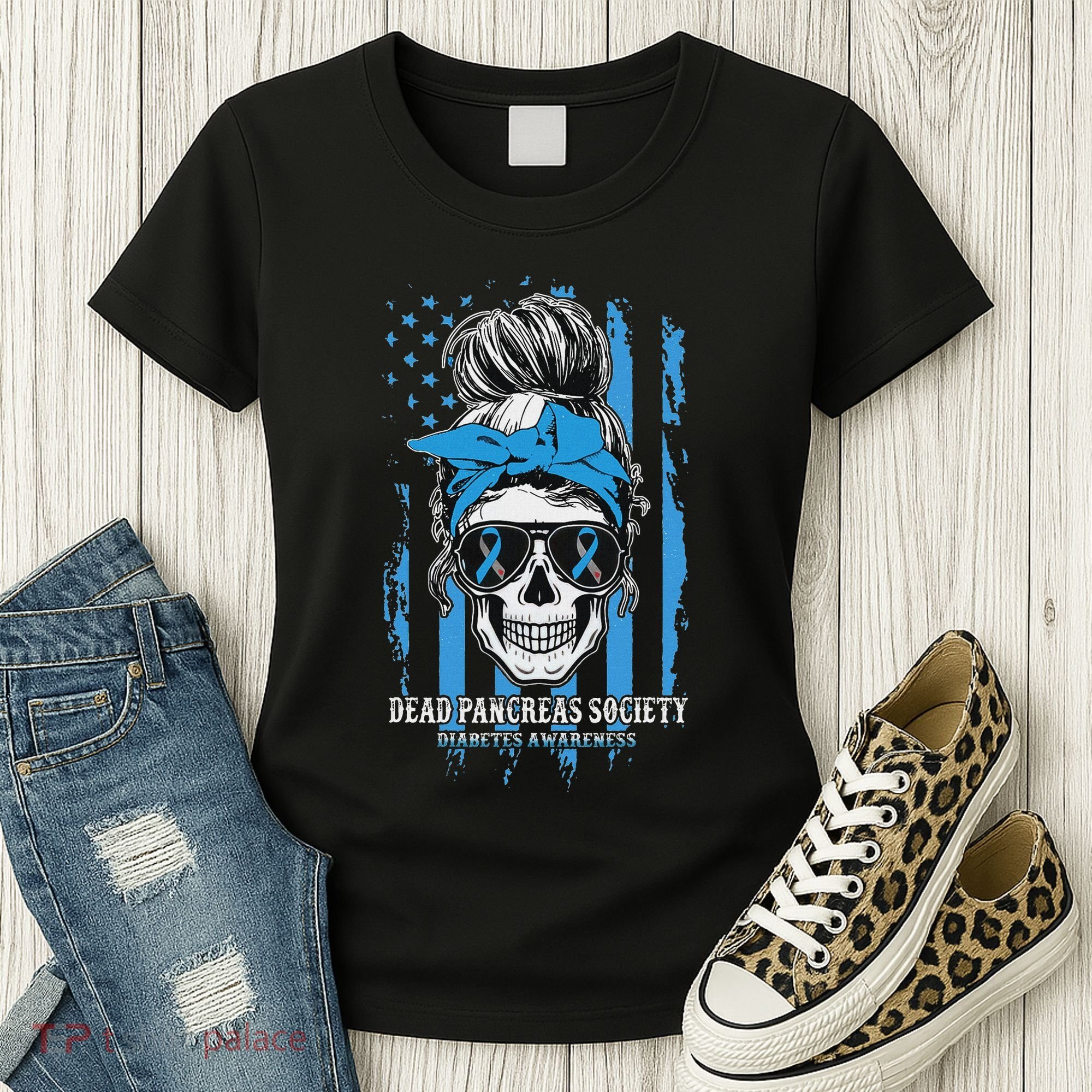 Diabetes Awareness Dead Pancreas Society Messy Bun Women's T-Shirt