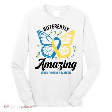 Differently Amazing Down Syndrome Awareness Butterfly Ribbon Long Sleeve Shirt