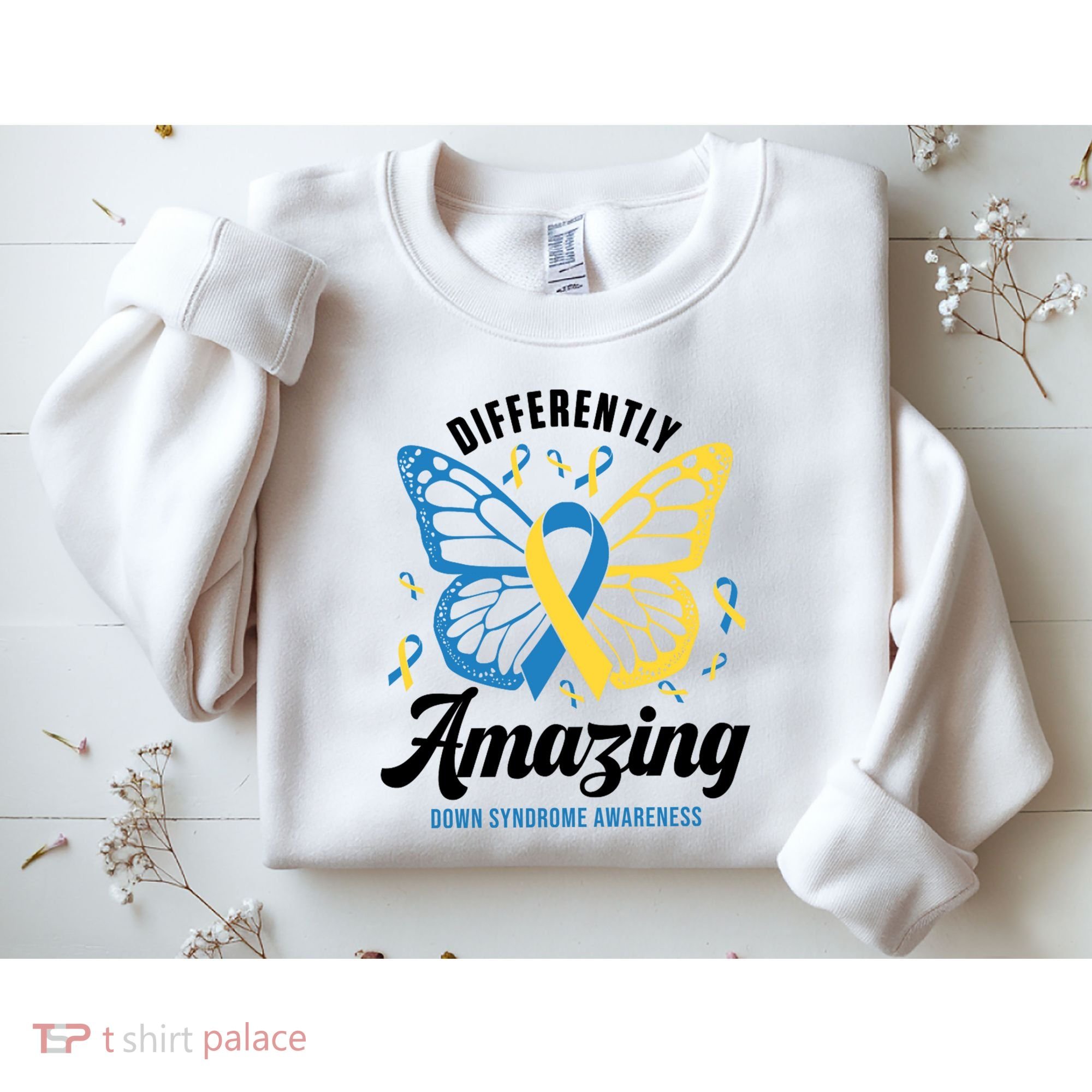Differently Amazing Down Syndrome Awareness Butterfly Ribbon Sweatshirt