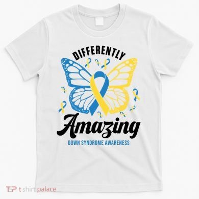 Differently Amazing Down Syndrome Awareness Butterfly Ribbon T-Shirt