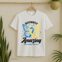 Differently Amazing Down Syndrome Awareness Butterfly Ribbon T-Shirt thumb 2