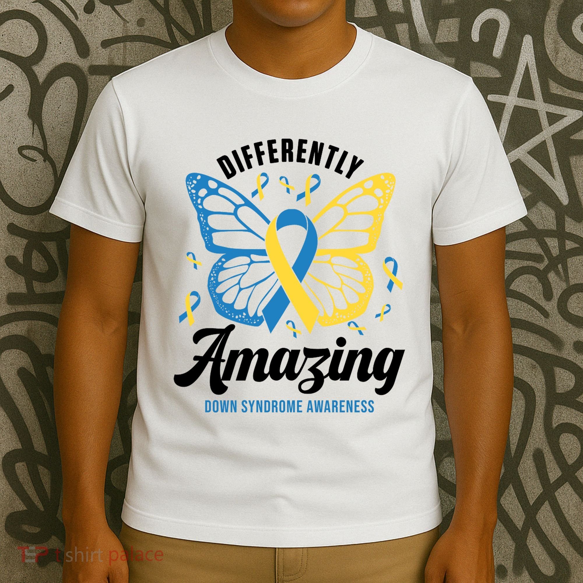 Differently Amazing Down Syndrome Awareness Butterfly Ribbon T-Shirt