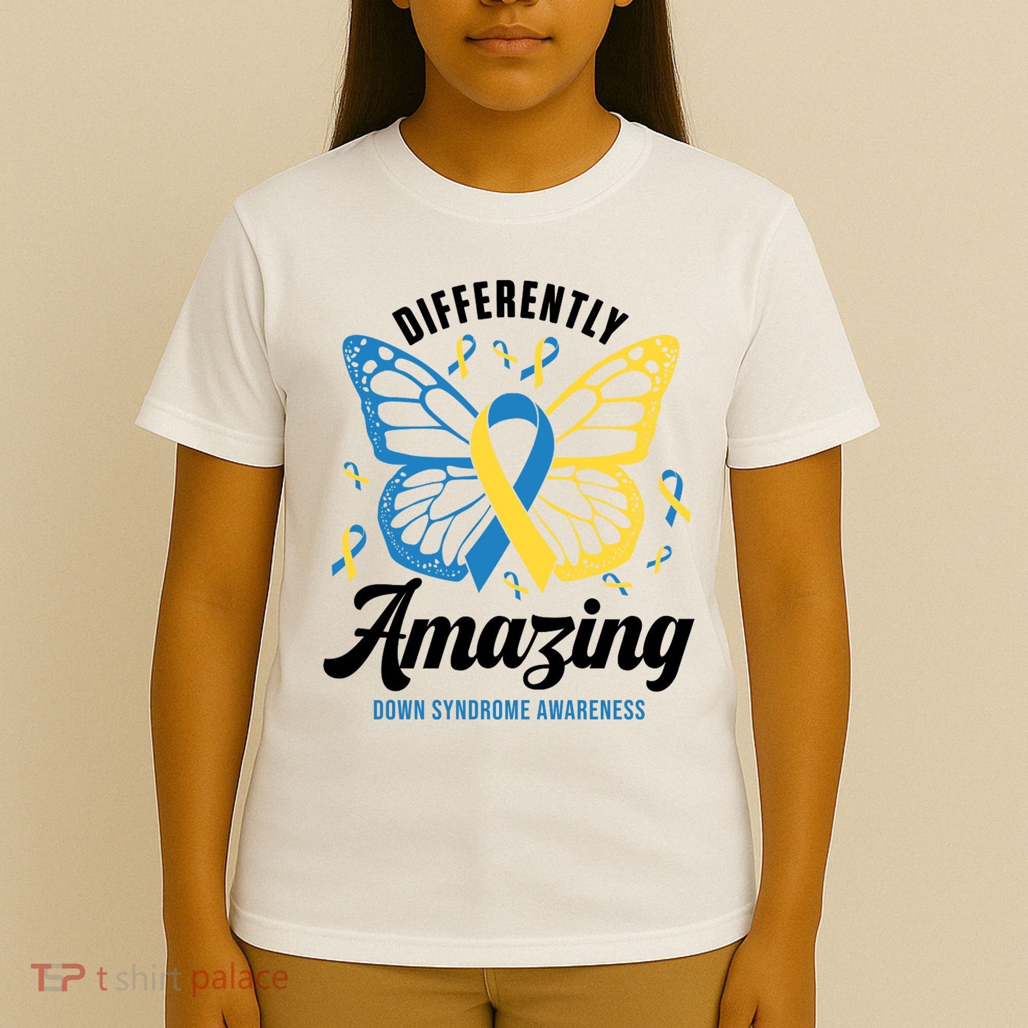 Differently Amazing Down Syndrome Awareness Butterfly Ribbon T-Shirt