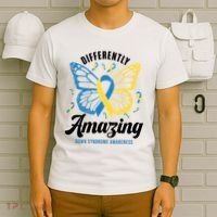 Differently Amazing Down Syndrome Awareness Butterfly Ribbon T-Shirt thumb 6