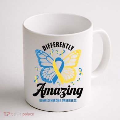 Differently Amazing Down Syndrome Awareness Butterfly Ribbon Coffee Mug back