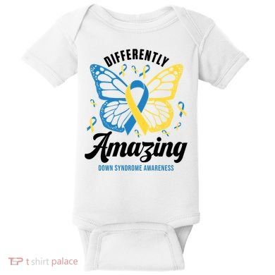 Differently Amazing Down Syndrome Awareness Butterfly Ribbon Baby Bodysuit