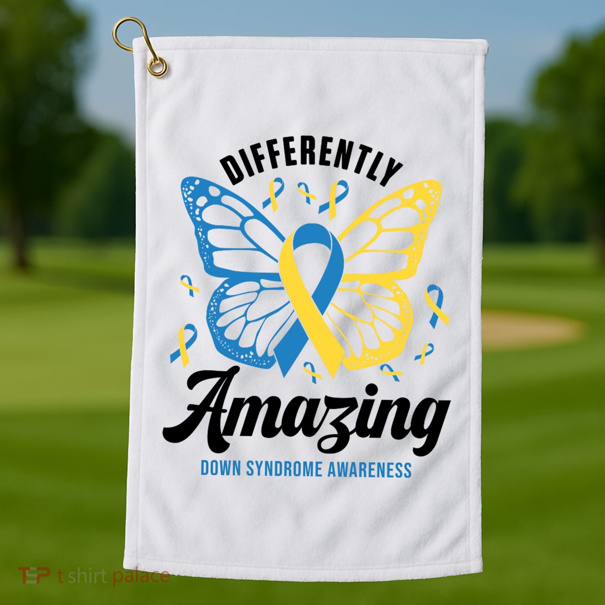 Differently Amazing Down Syndrome Awareness Butterfly Ribbon Golf Towel