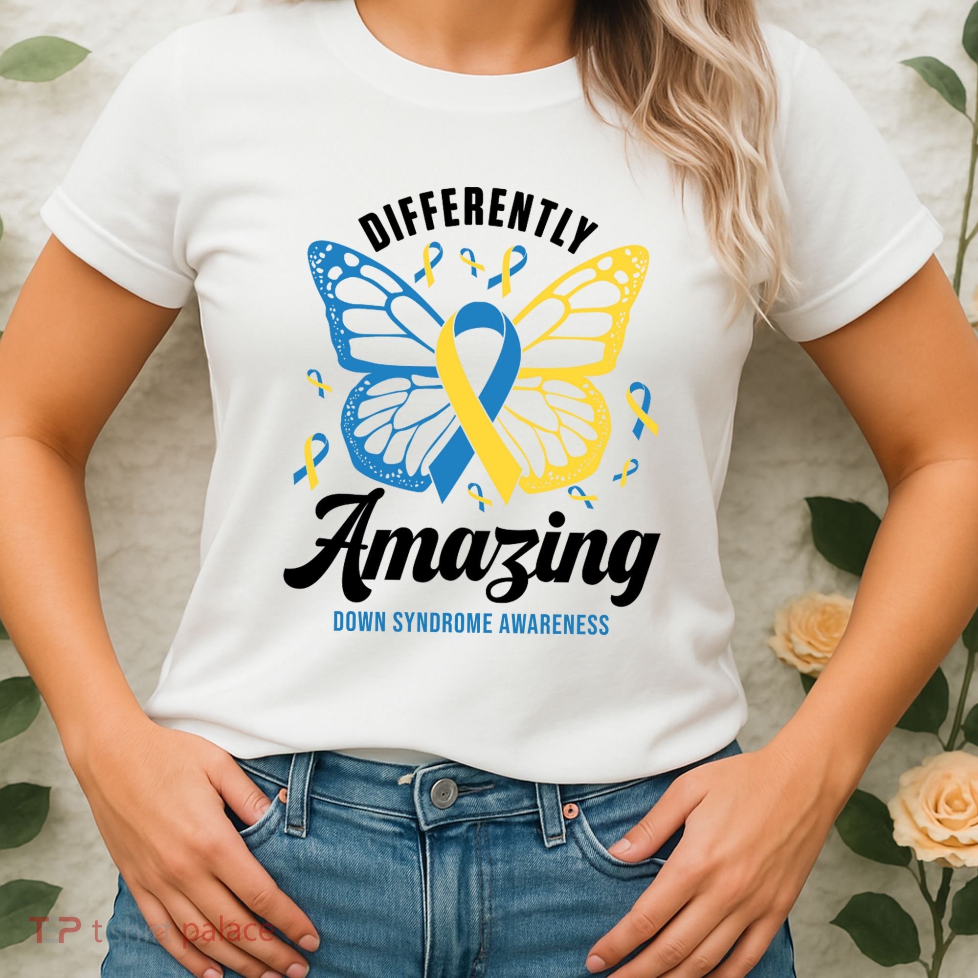 Differently Amazing Down Syndrome Awareness Butterfly Ribbon Women's T-Shirt