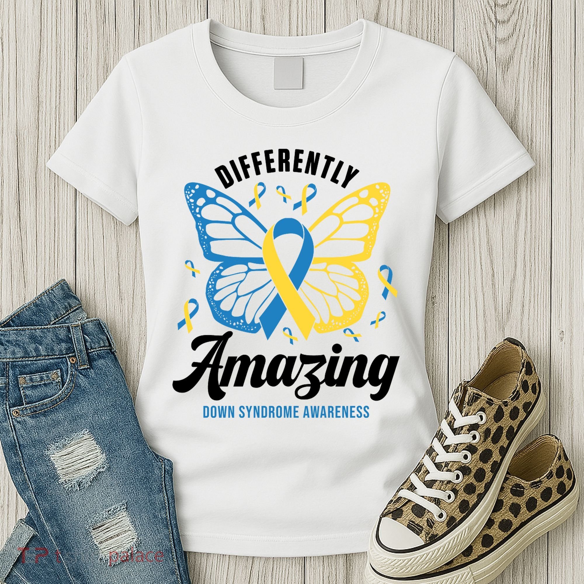 Differently Amazing Down Syndrome Awareness Butterfly Ribbon Women's T-Shirt