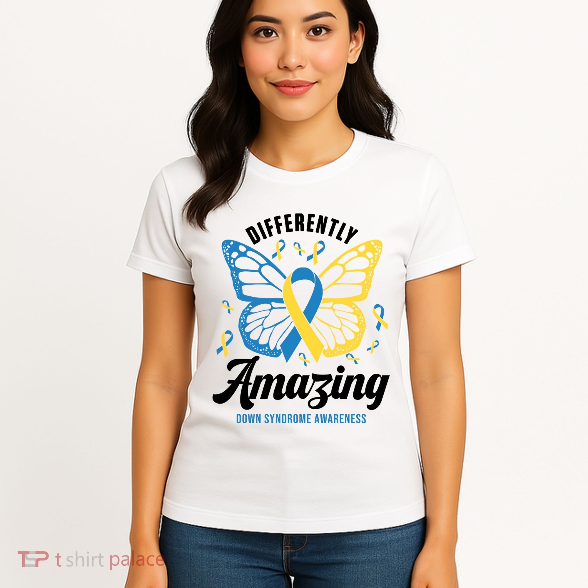 Differently Amazing Down Syndrome Awareness Butterfly Ribbon Women's T-Shirt