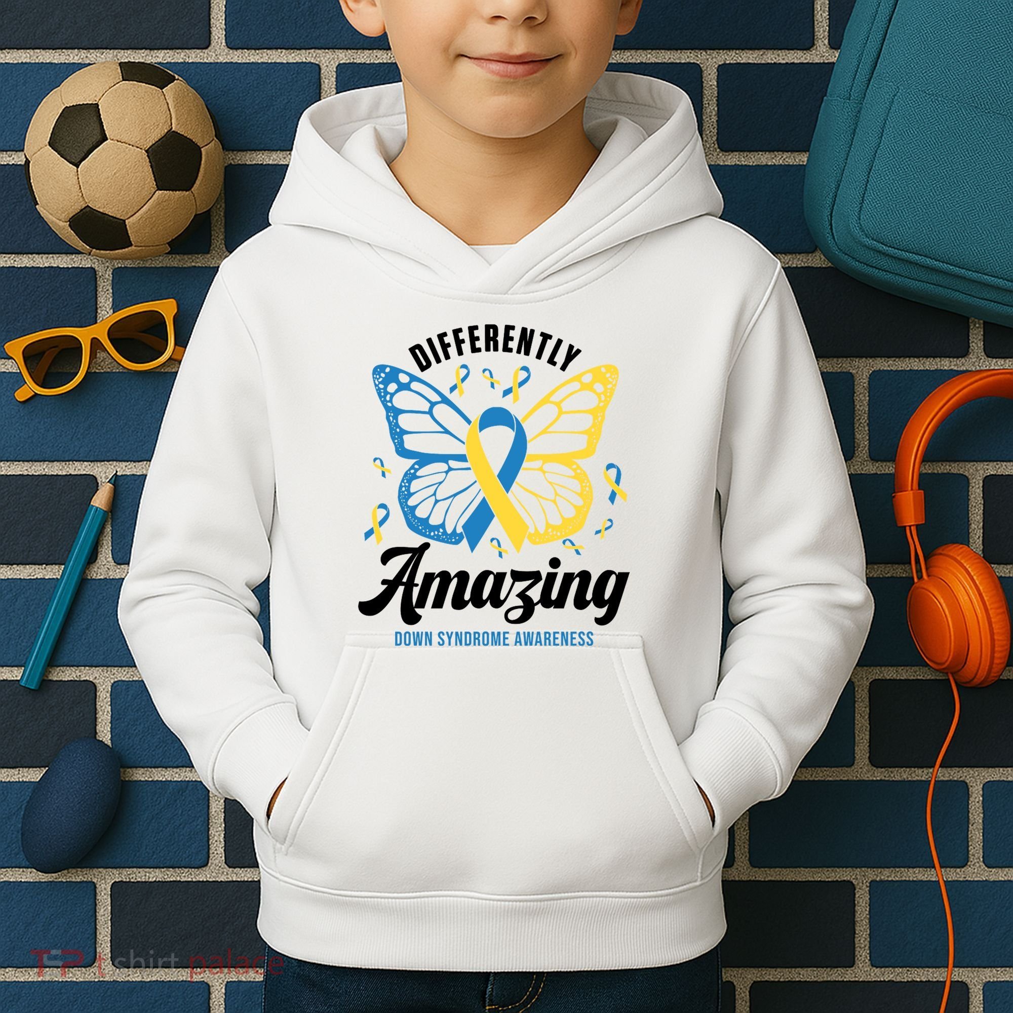 Differently Amazing Down Syndrome Awareness Butterfly Ribbon Kids Hoodie