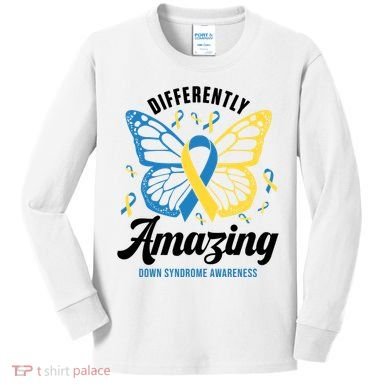 Differently Amazing Down Syndrome Awareness Butterfly Ribbon Kids Long Sleeve Shirt