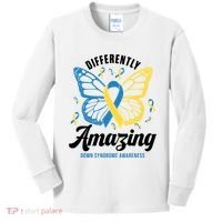 Differently Amazing Down Syndrome Awareness Butterfly Ribbon Kids Long Sleeve Shirt thumb 0
