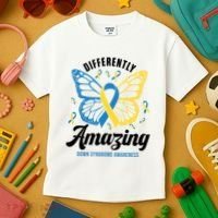 Differently Amazing Down Syndrome Awareness Butterfly Ribbon Kids T-Shirt thumb 3