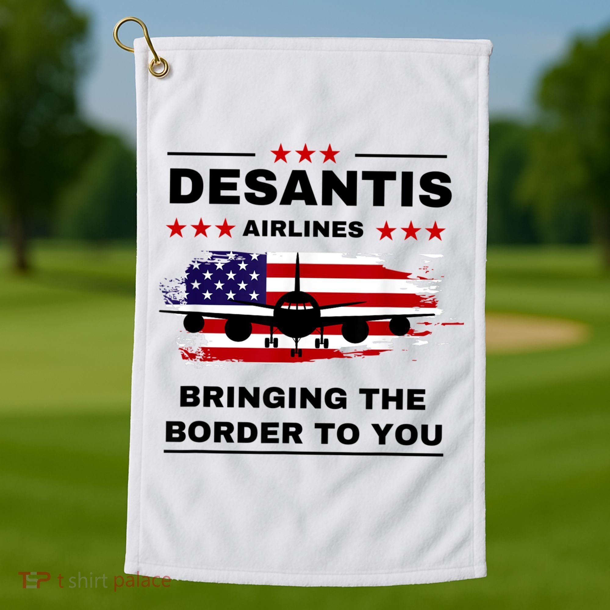 DeSantis Airlines Funny Political Meme Ron DeSantis USA Flag Golf Towel