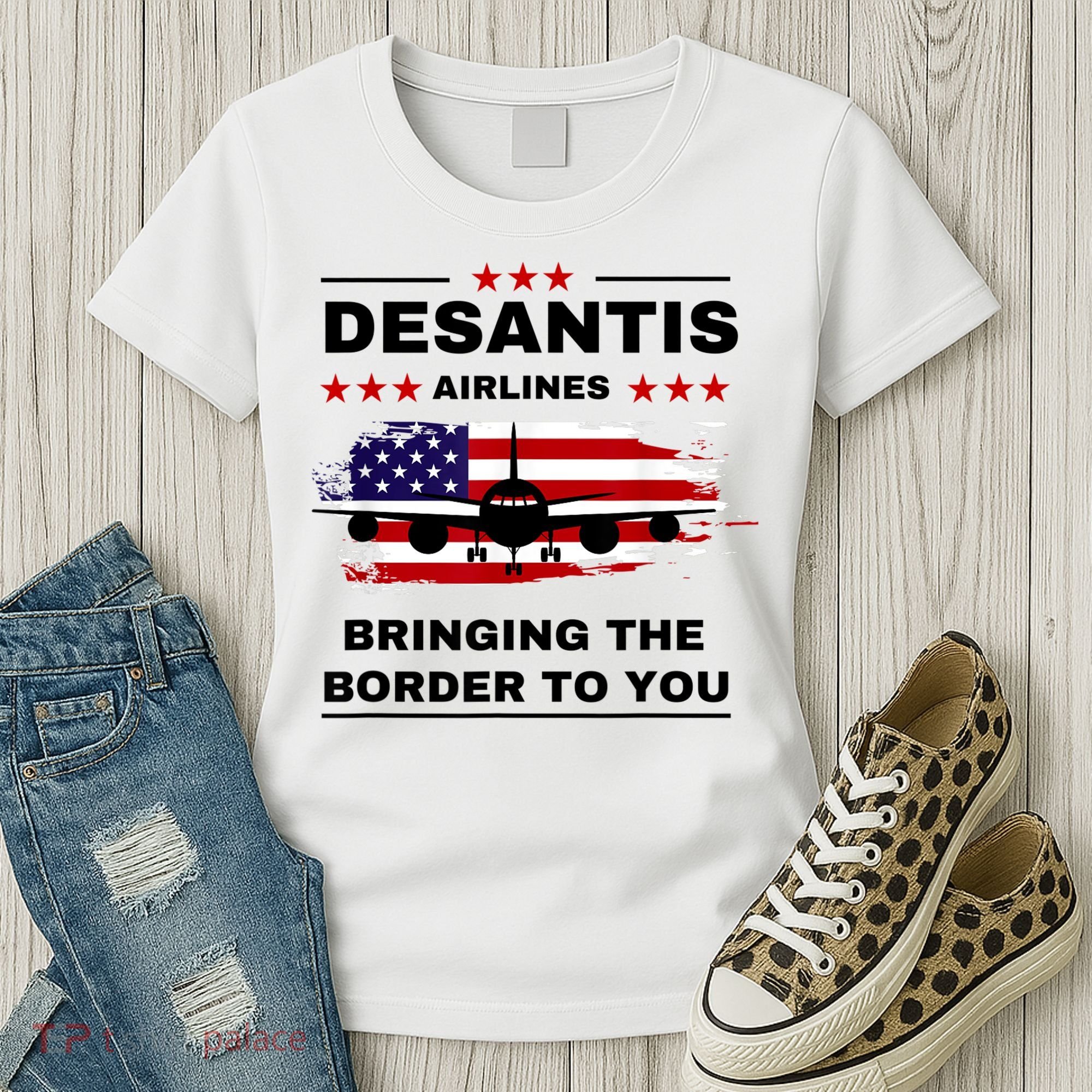DeSantis Airlines Funny Political Meme Ron DeSantis USA Flag Women's T-Shirt