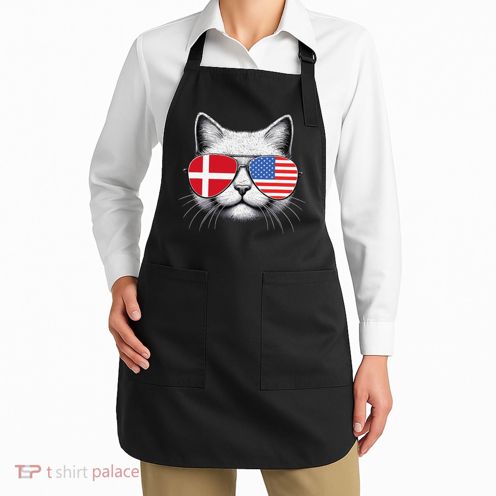 Danish American Flag Funny Cat Denmark USA Apron