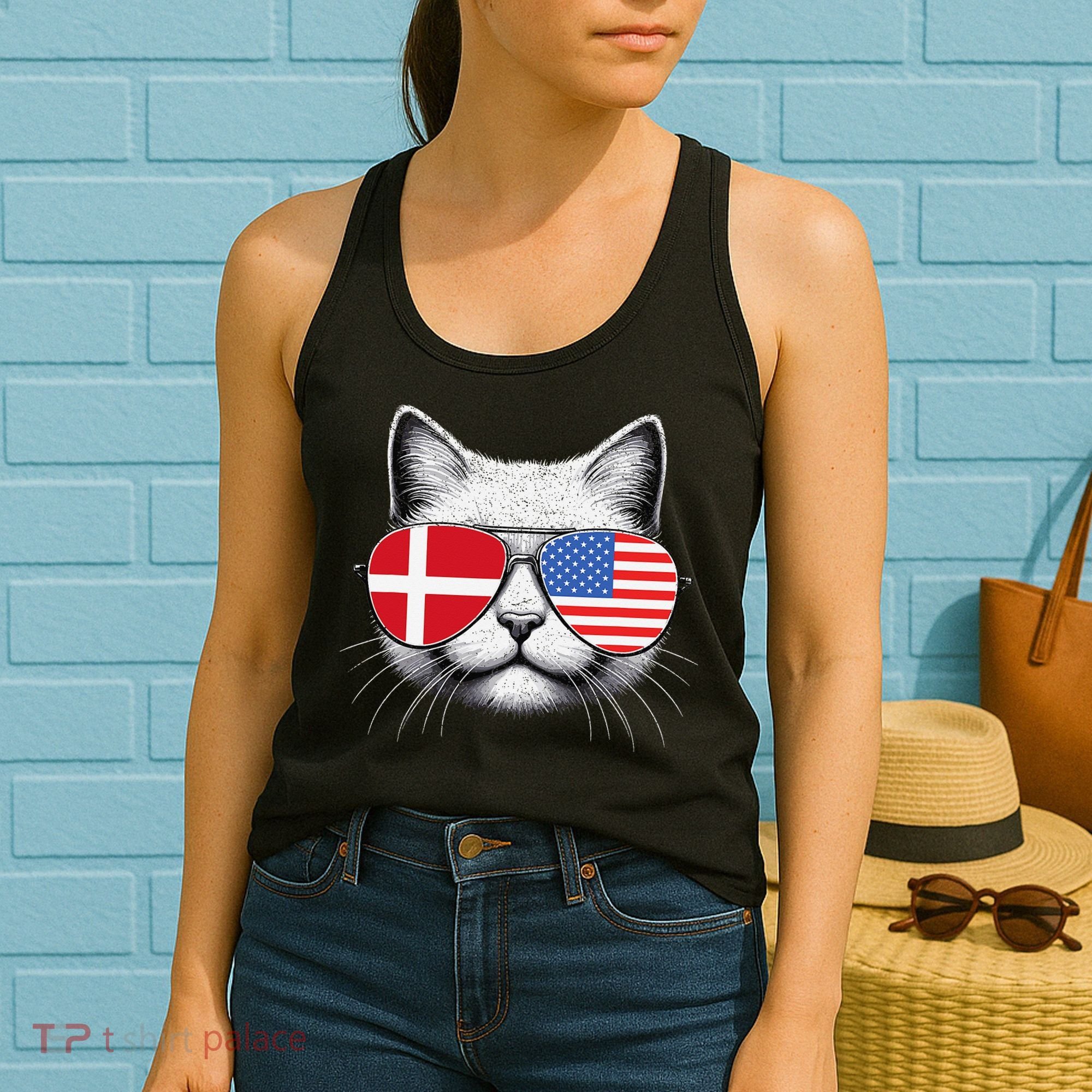 Danish American Flag Funny Cat Denmark USA Women's Tank Top