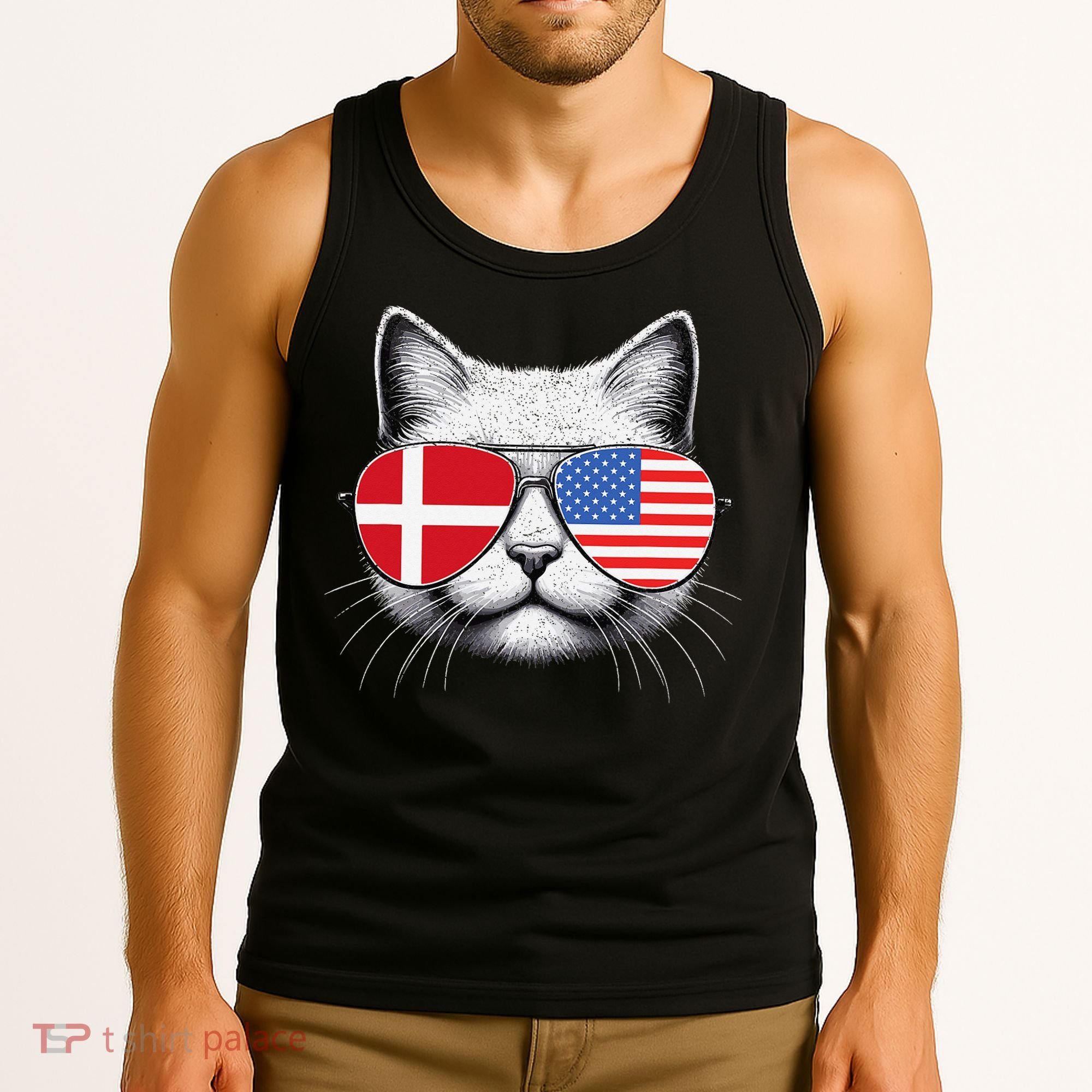 Danish American Flag Funny Cat Denmark USA Tank Top