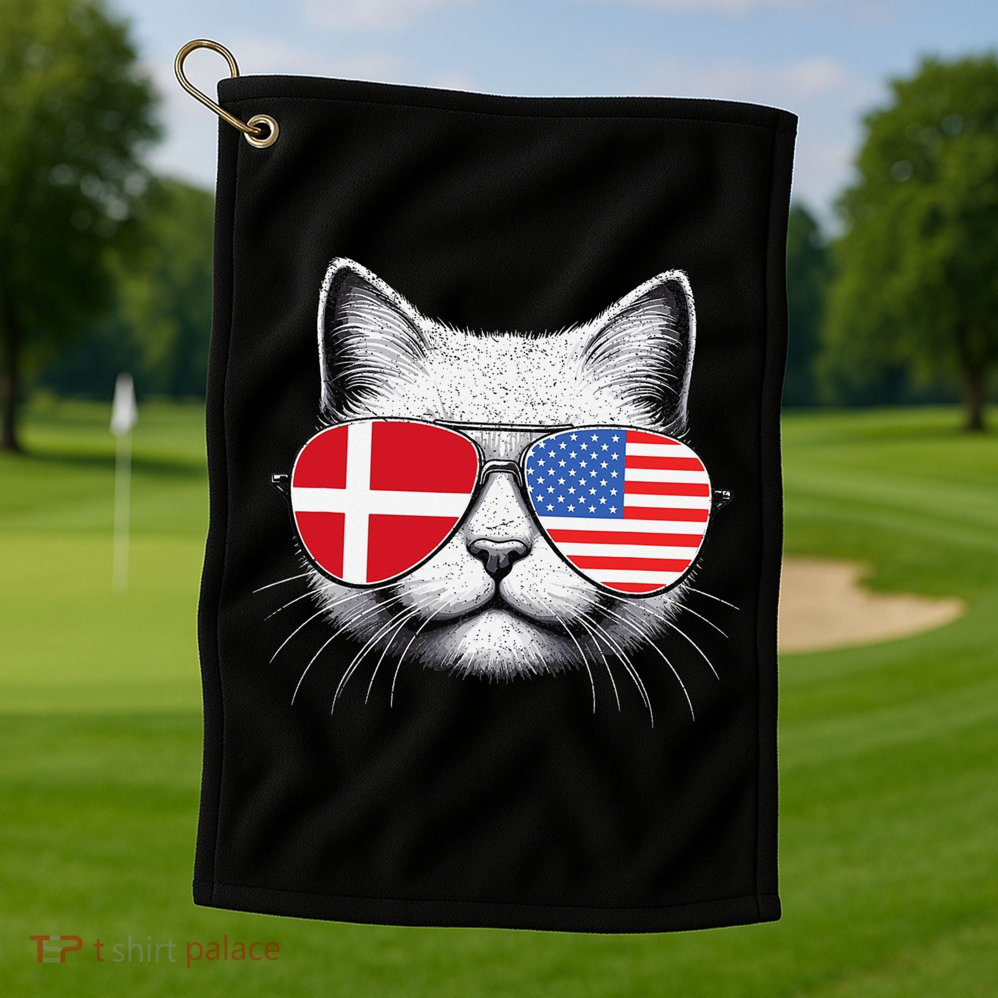 Danish American Flag Funny Cat Denmark USA Golf Towel
