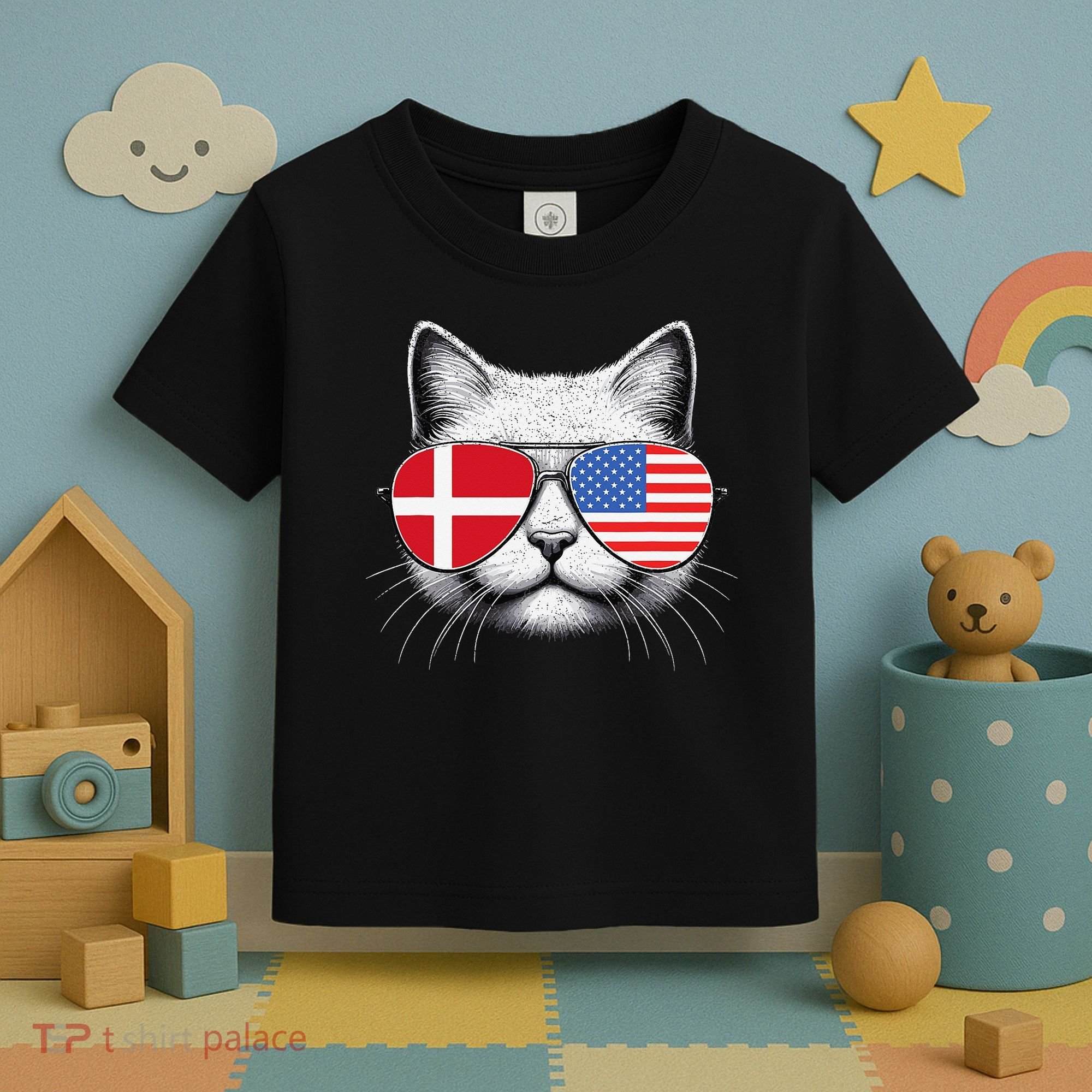 Danish American Flag Funny Cat Denmark USA Toddler T-Shirt