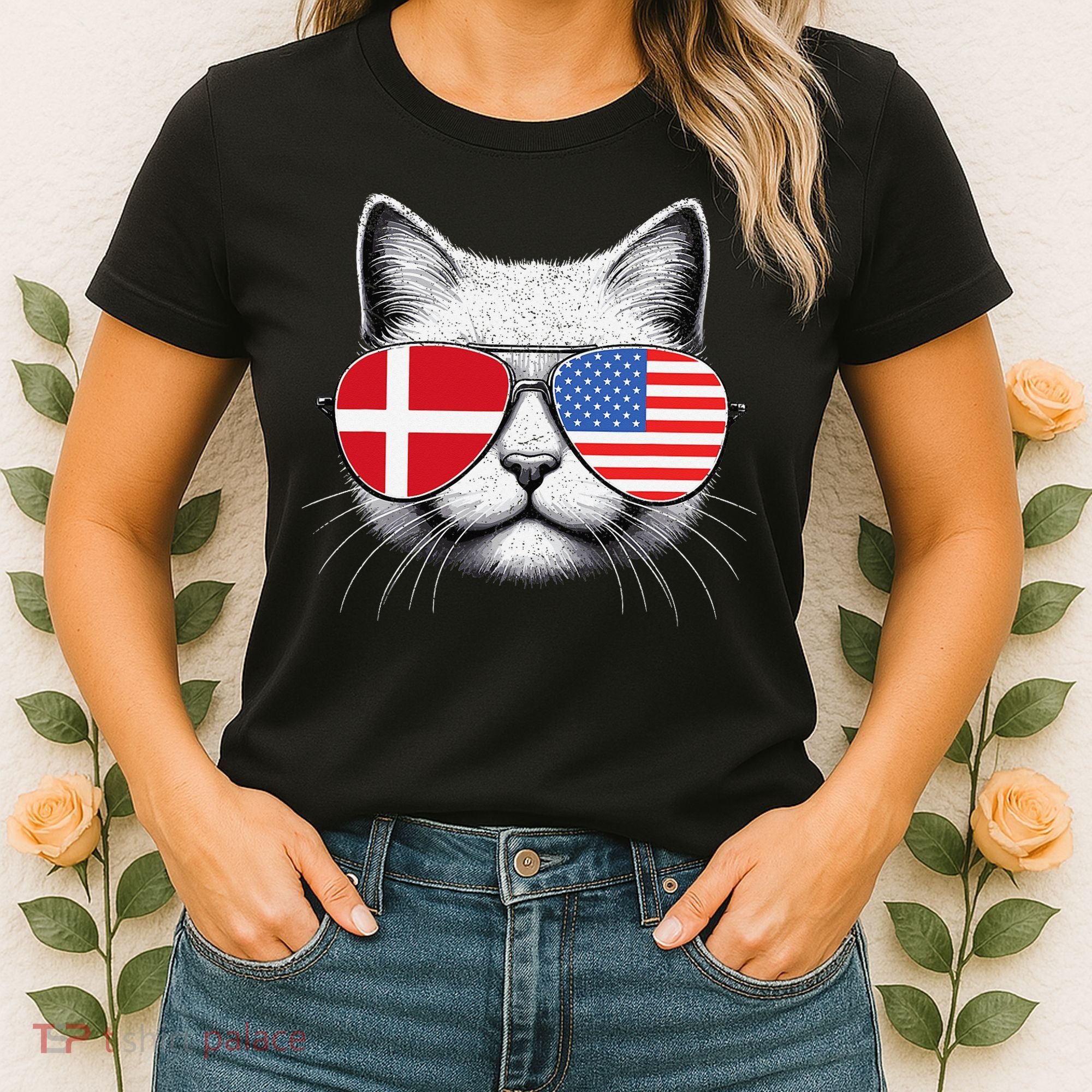 Danish American Flag Funny Cat Denmark USA Women's T-Shirt