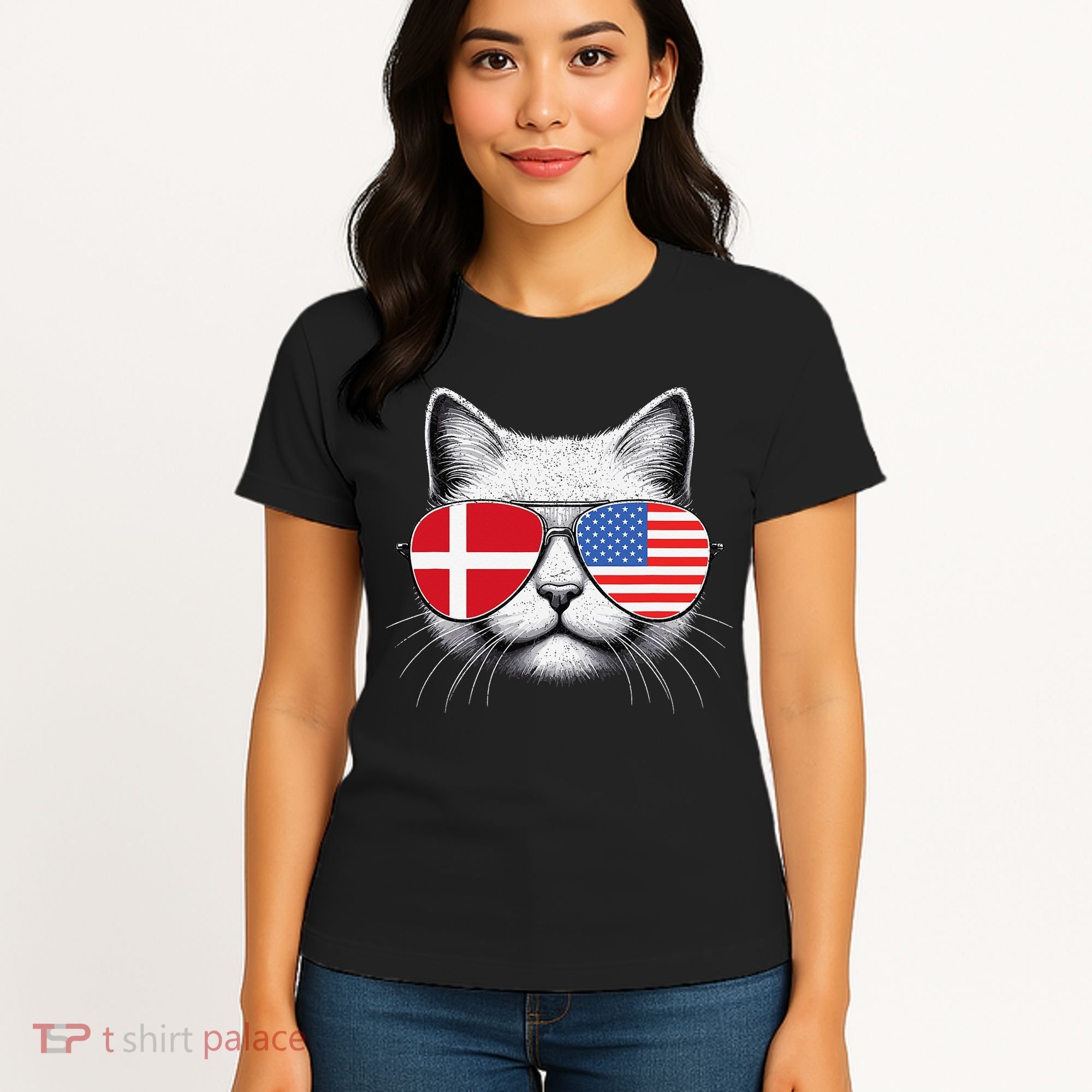 Danish American Flag Funny Cat Denmark USA Women's T-Shirt