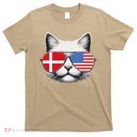Danish American Flag Funny Cat Denmark USA T-Shirt thumb 0