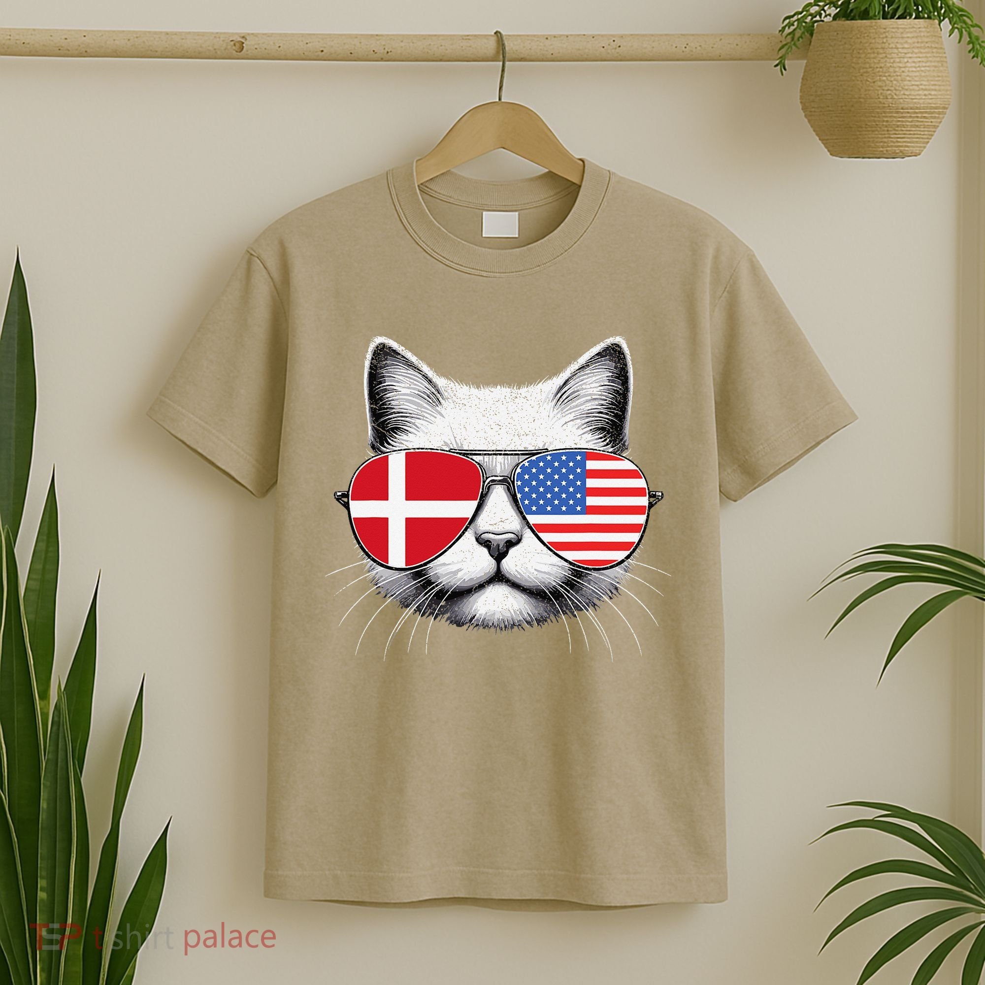 Danish American Flag Funny Cat Denmark USA T-Shirt