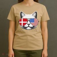Danish American Flag Funny Cat Denmark USA T-Shirt thumb 4