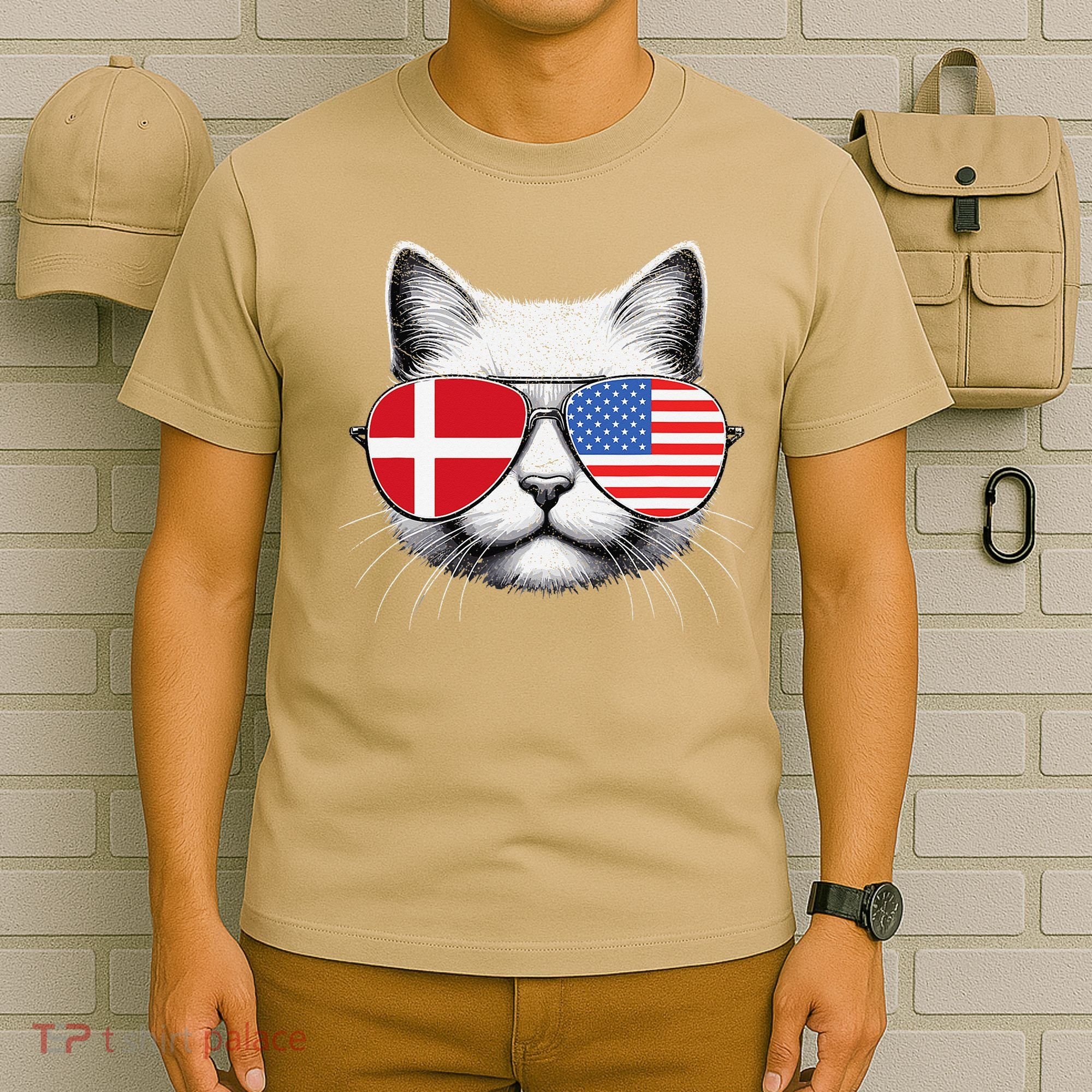 Danish American Flag Funny Cat Denmark USA T-Shirt