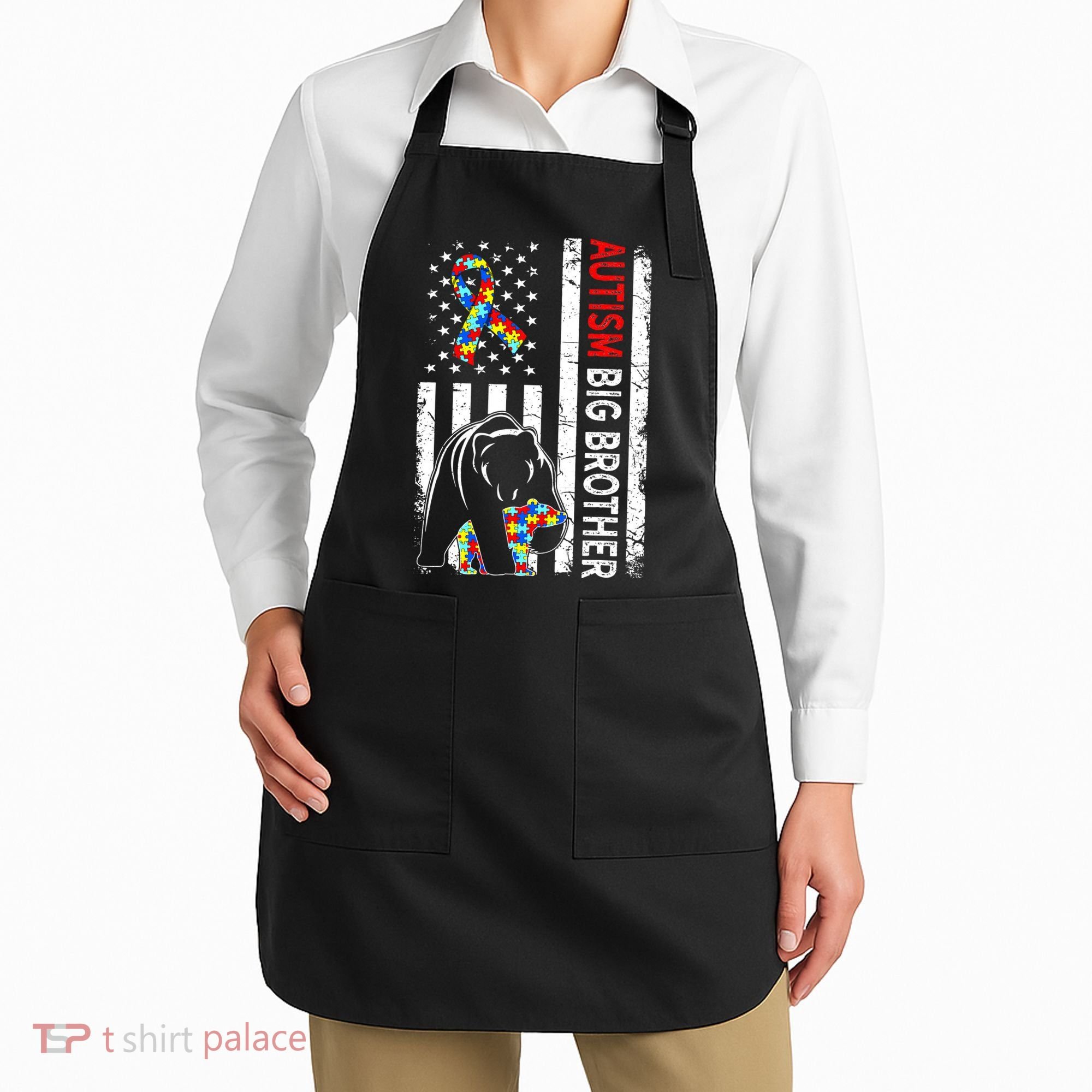 Distressed American Flag Autism Big Brother Bear Awareness  Apron