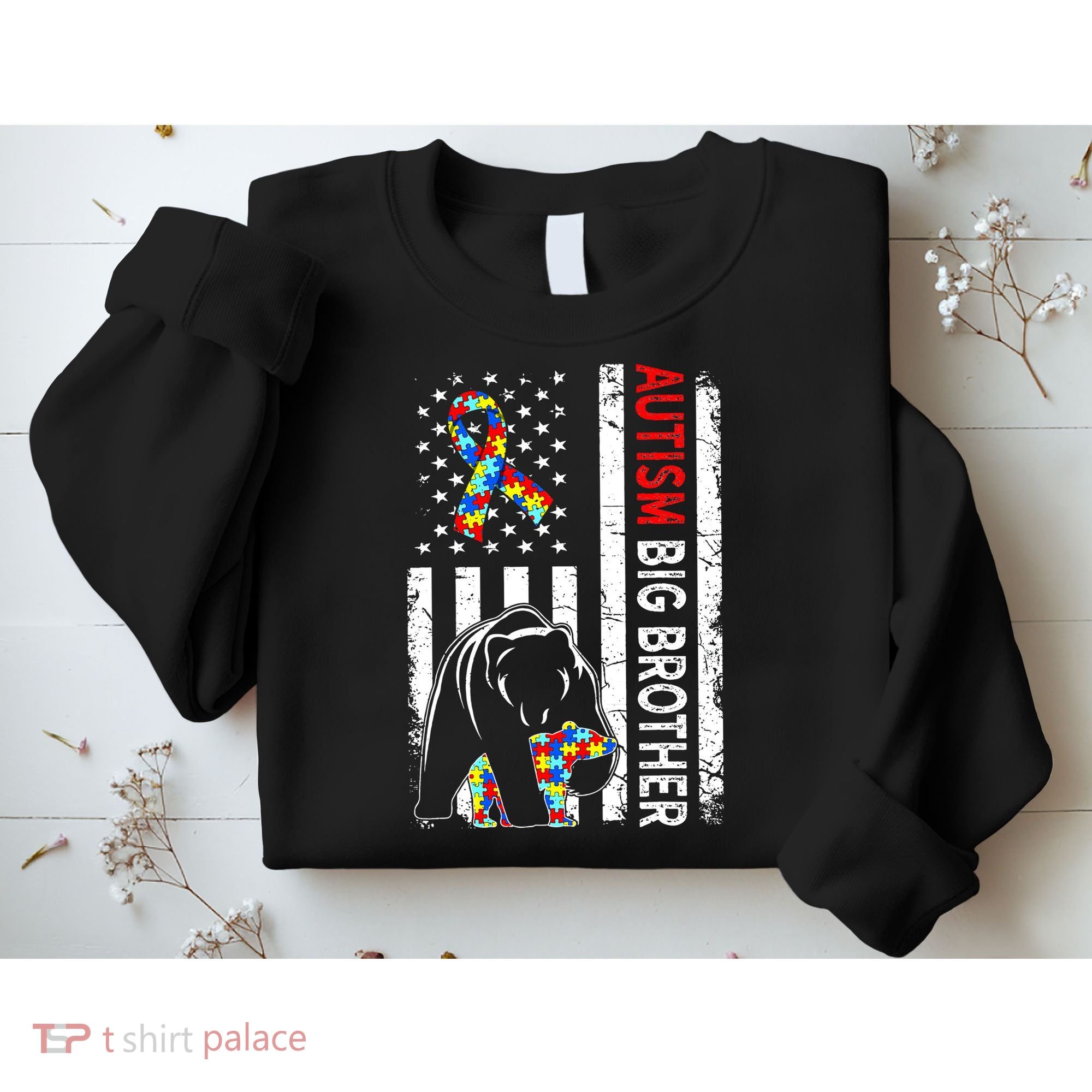 Distressed American Flag Autism Big Brother Bear Awareness  Sweatshirt