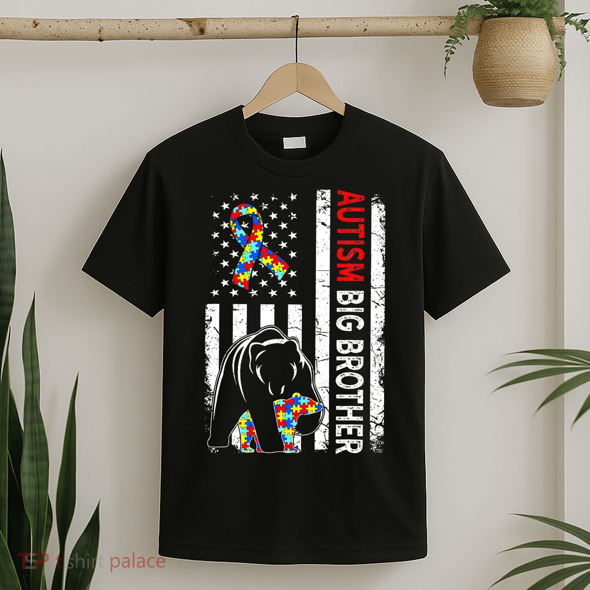 Distressed American Flag Autism Big Brother Bear Awareness  T-Shirt