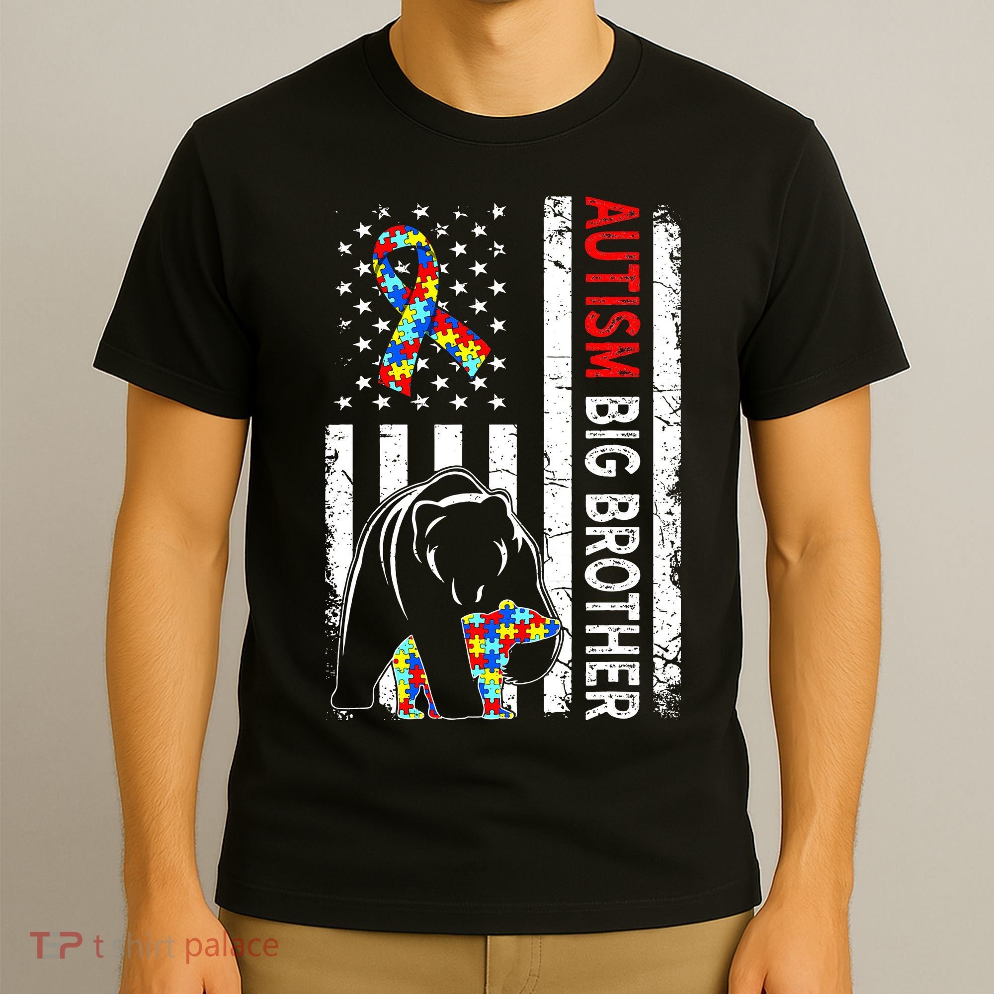 Distressed American Flag Autism Big Brother Bear Awareness  T-Shirt
