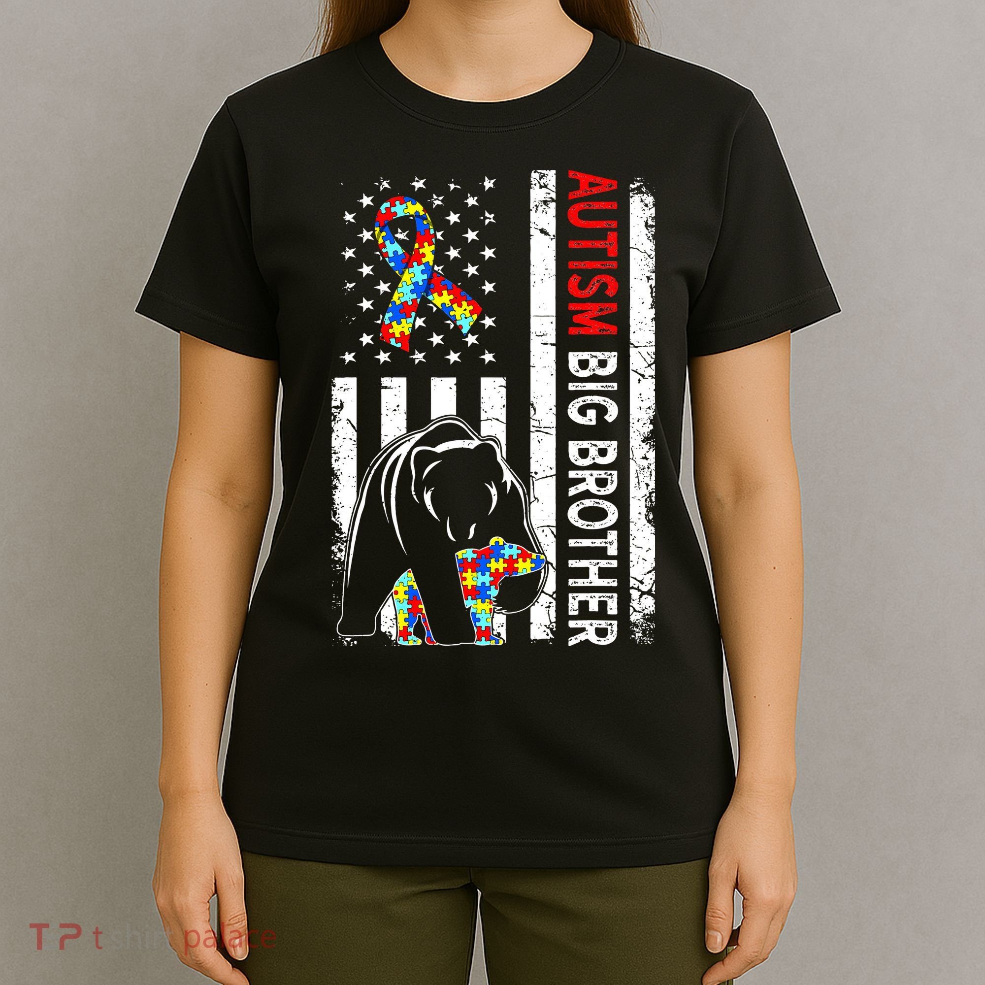 Distressed American Flag Autism Big Brother Bear Awareness  T-Shirt