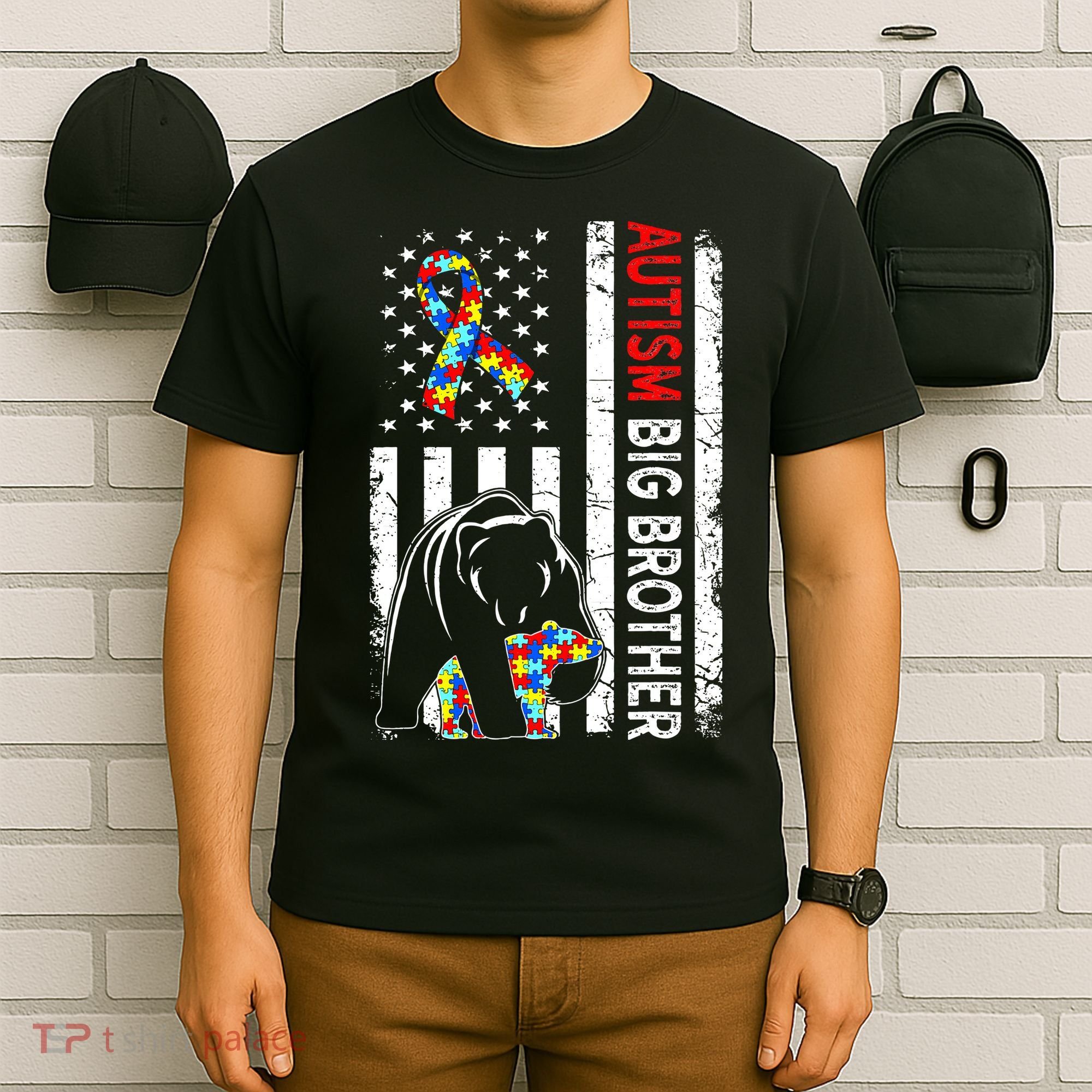 Distressed American Flag Autism Big Brother Bear Awareness  T-Shirt