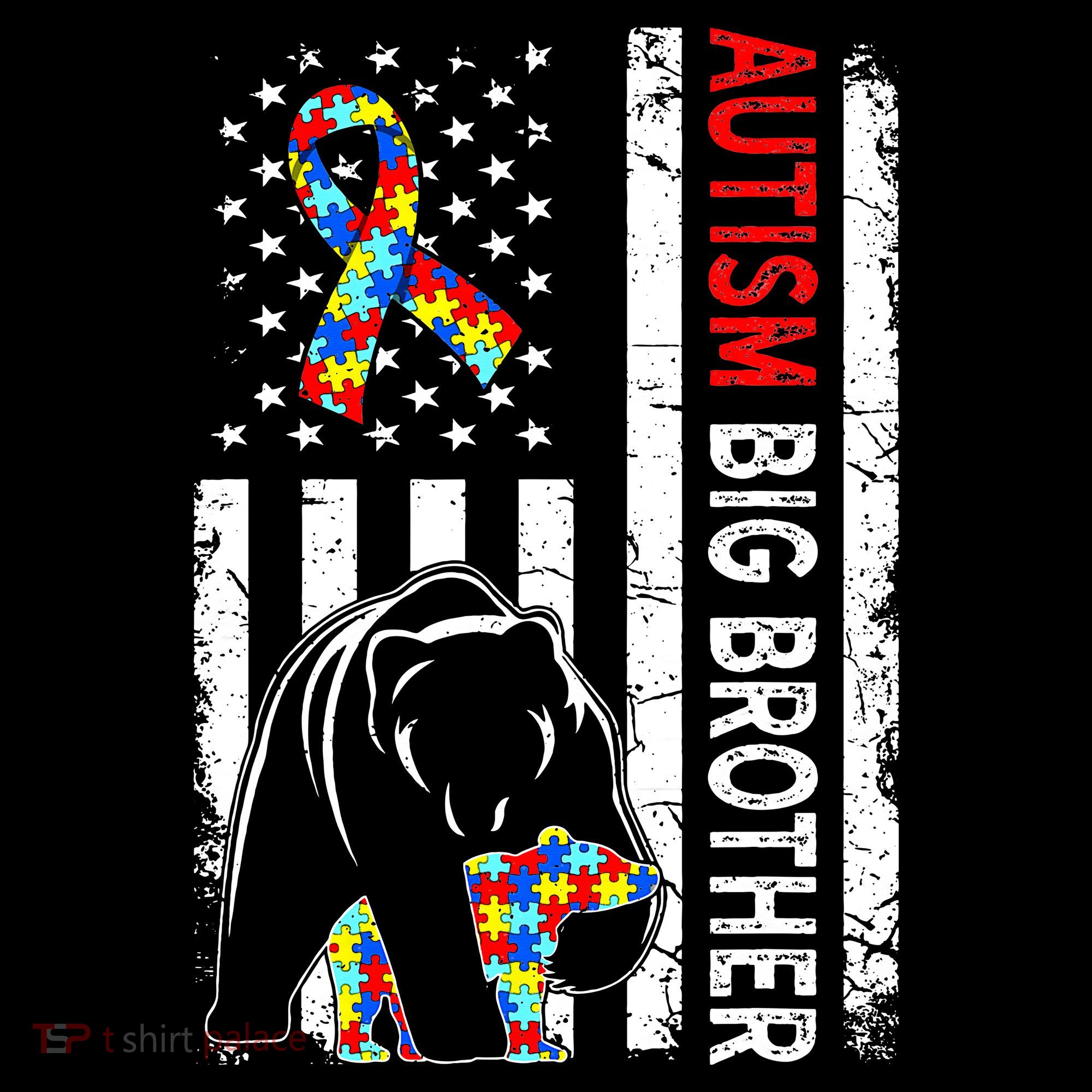 Distressed American Flag Autism Big Brother Bear Awareness  Women's Hoodie