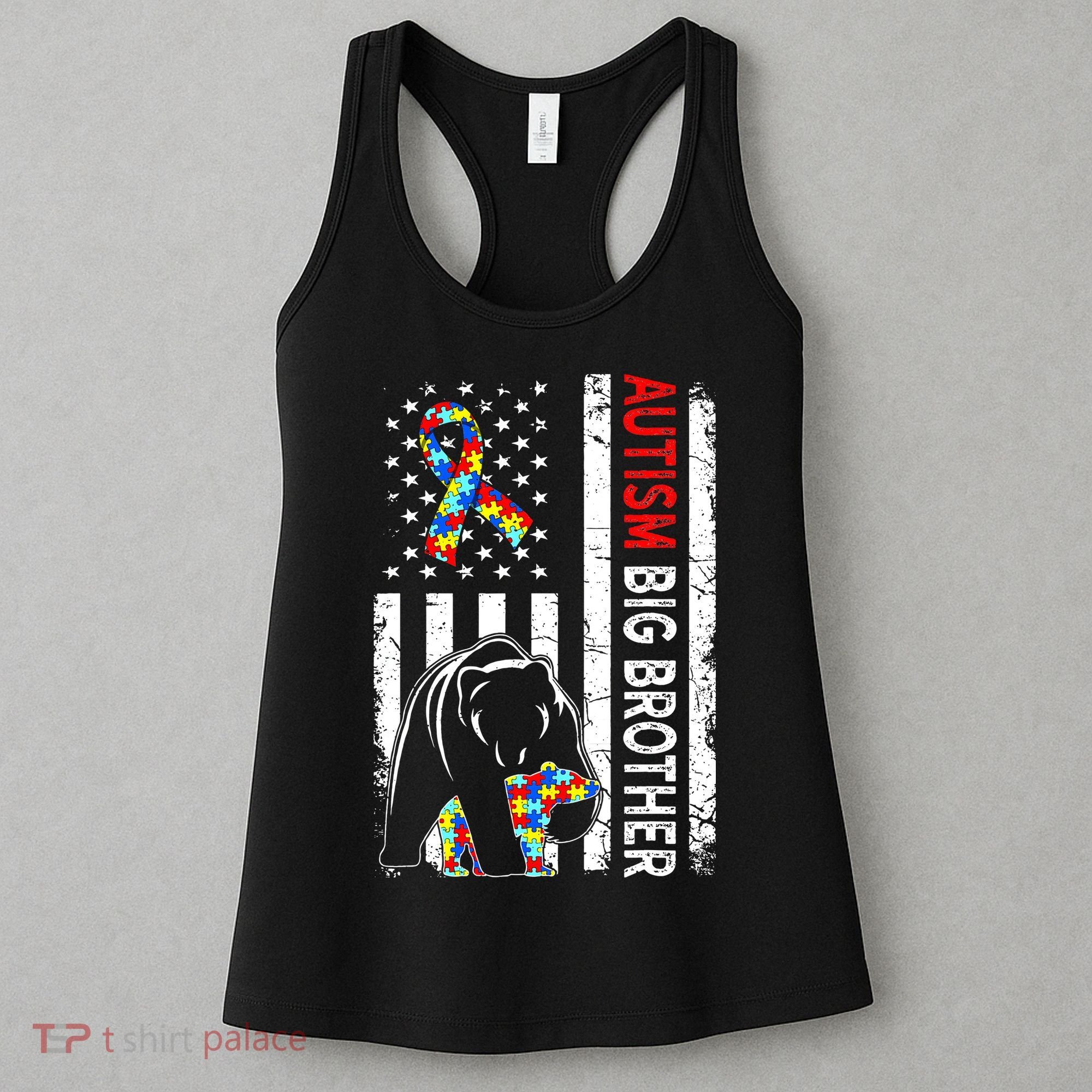 Distressed American Flag Autism Big Brother Bear Awareness  Women's Tank Top