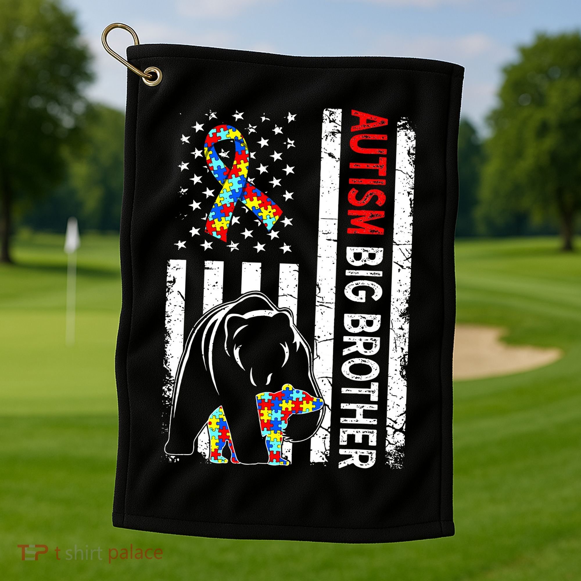 Distressed American Flag Autism Big Brother Bear Awareness  Golf Towel