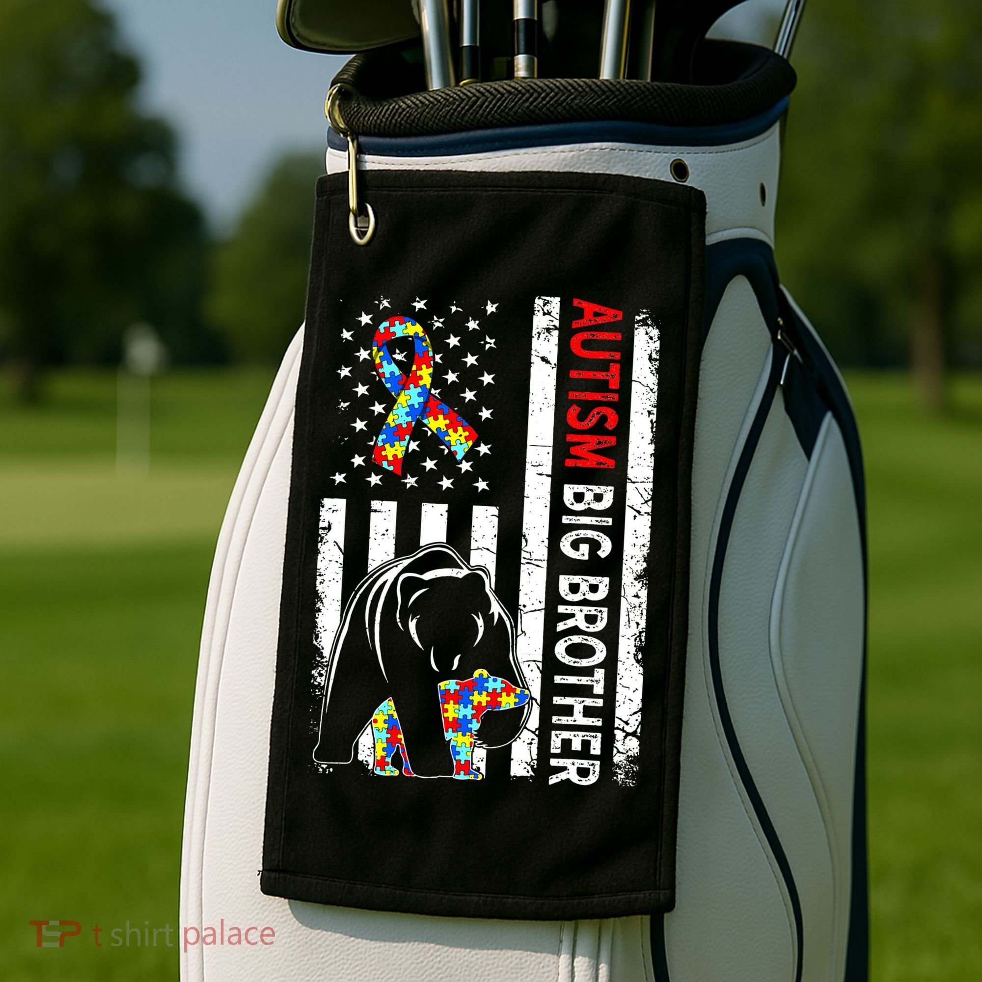 Distressed American Flag Autism Big Brother Bear Awareness  Golf Towel