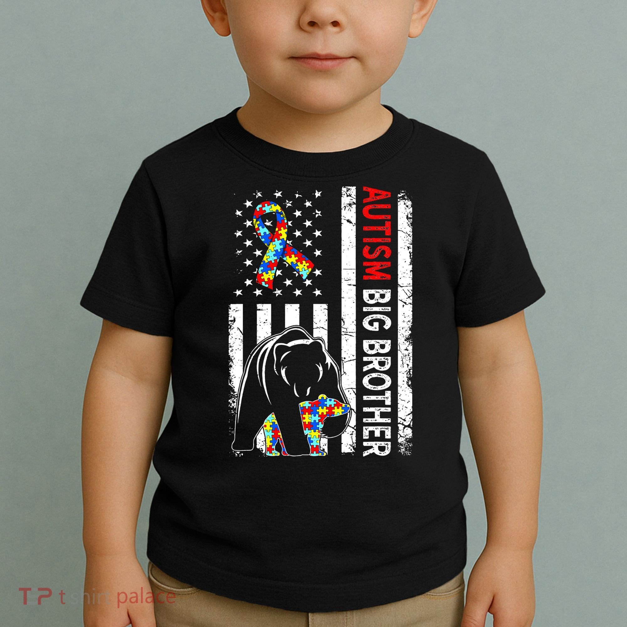 Distressed American Flag Autism Big Brother Bear Awareness  Toddler T-Shirt