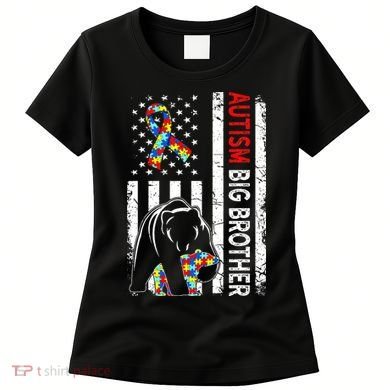 Distressed American Flag Autism Big Brother Bear Awareness  Women's T-Shirt