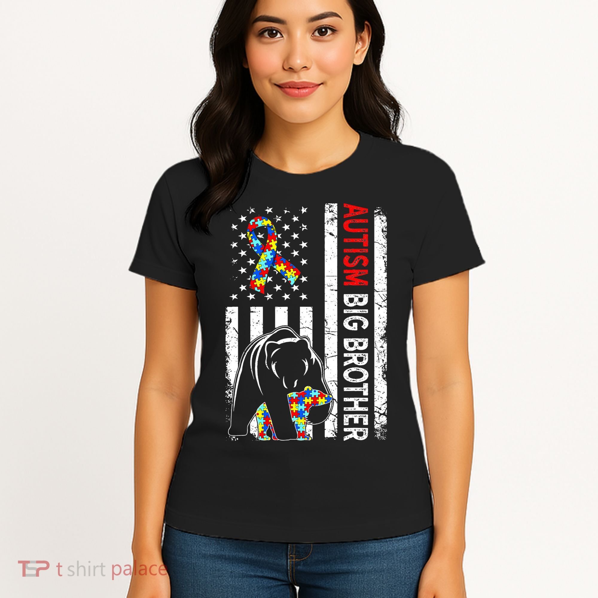Distressed American Flag Autism Big Brother Bear Awareness  Women's T-Shirt