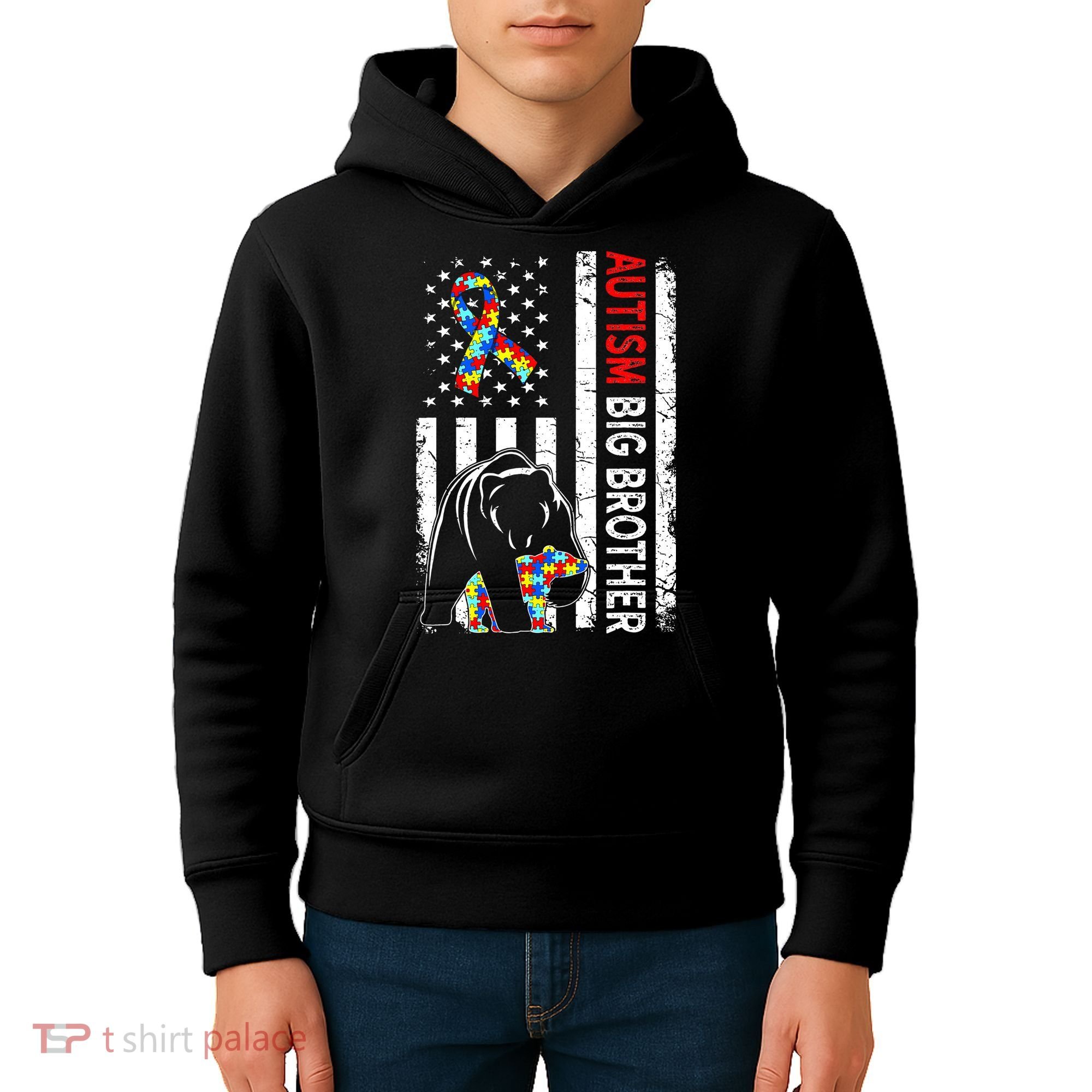 Distressed American Flag Autism Big Brother Bear Awareness  Kids Hoodie