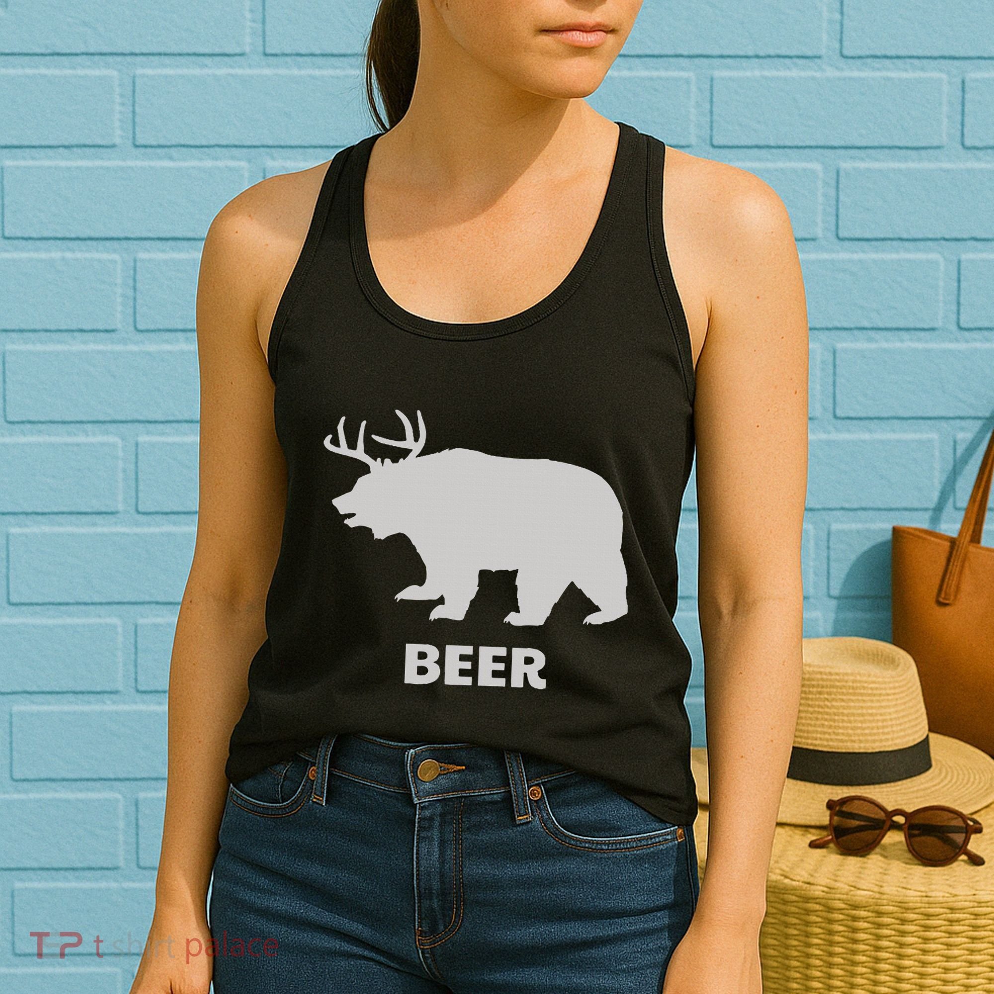 Deer Antlers + Grizzly Bear = Beer Funny Hunting Drinking Women's Tank Top