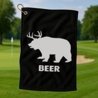 Deer Antlers + Grizzly Bear = Beer Funny Hunting Drinking Golf Towel thumb 1