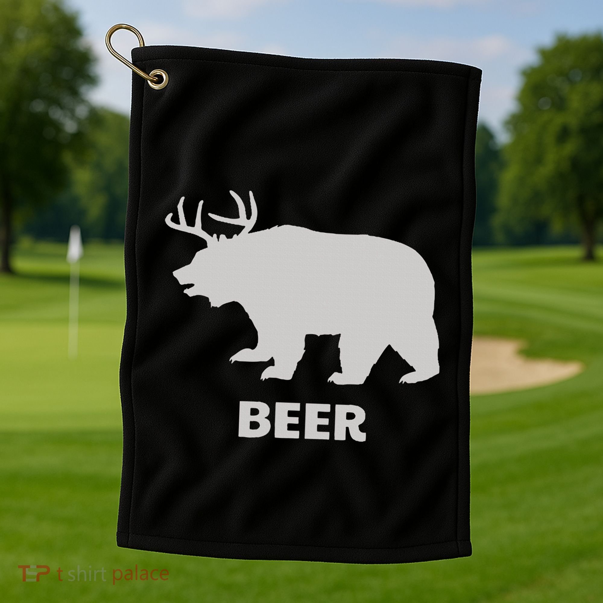 Deer Antlers + Grizzly Bear = Beer Funny Hunting Drinking Golf Towel