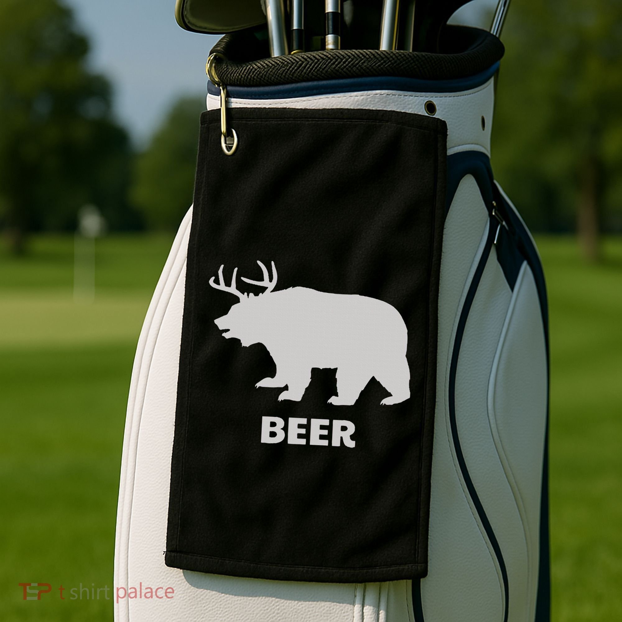 Deer Antlers + Grizzly Bear = Beer Funny Hunting Drinking Golf Towel